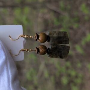 Labradorite, Jasper & Shell Drop Earrings Gold Plated Posts Handmade
